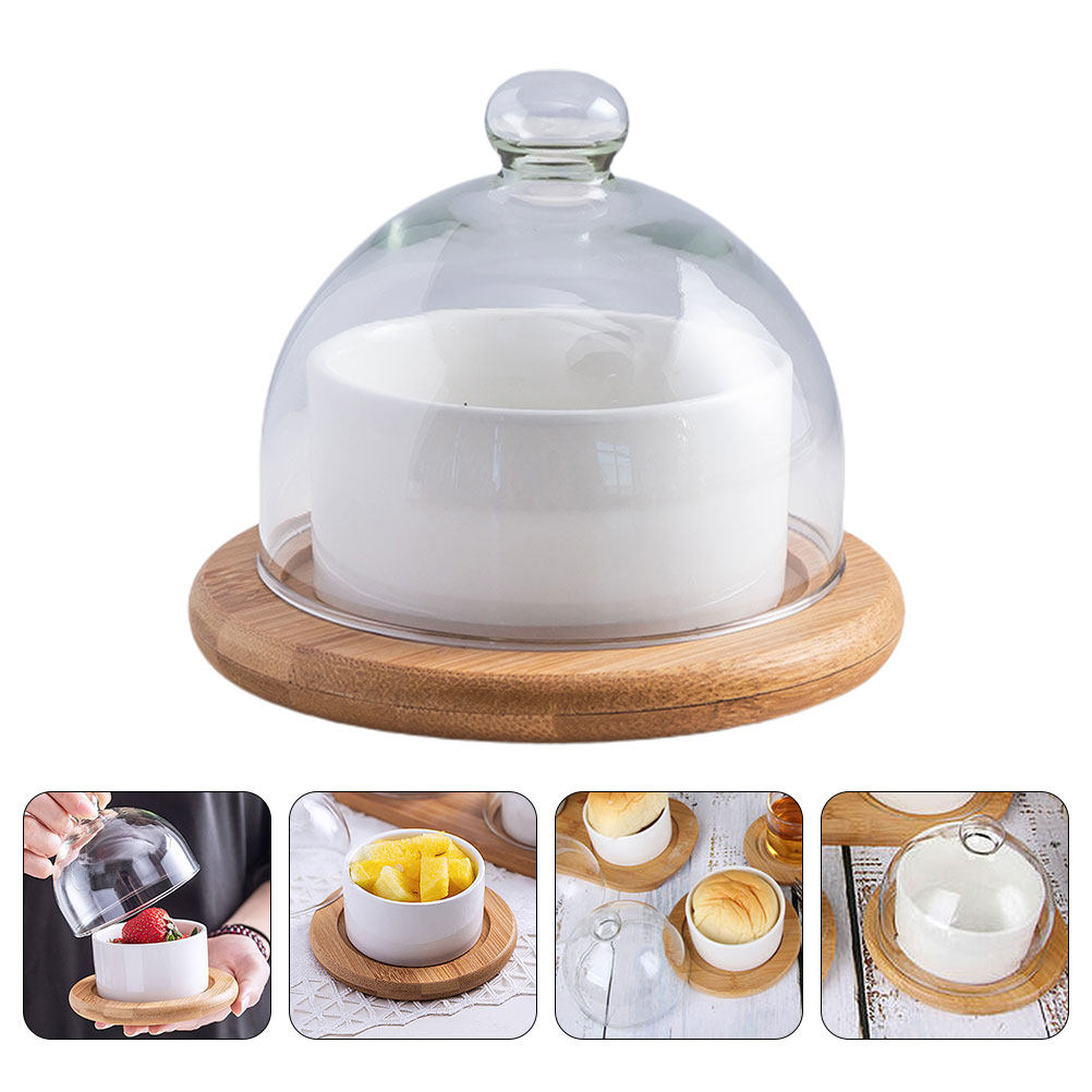 Wooden Serving Tray - Keramische saladeschaalset met glazen deksel, houten